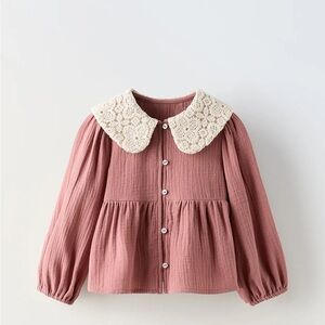 Zara Pink and Cream Blouse with Lace Collar and Balloon Sleeves